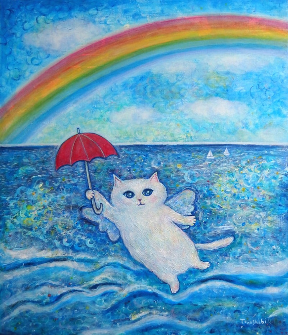 原画 「光の海の天使猫と大きな虹」 F10号 ＃絵画 ＃ねこ ＃猫の