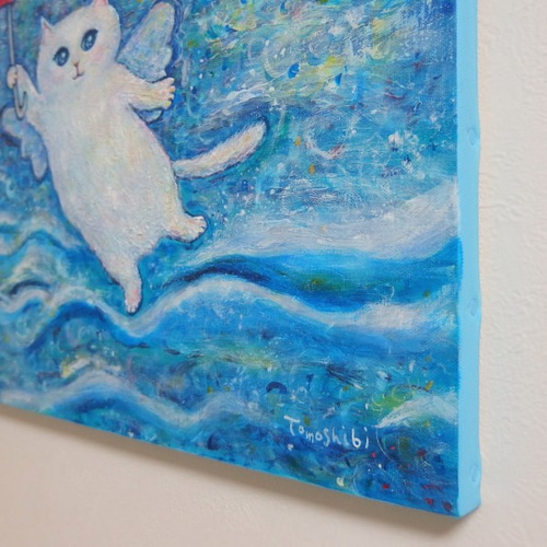 絵画。原画【ラベンダーの花の海に白い猫と星の願い】 花の海の猫 | ルイス・ウェイン
