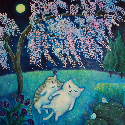 原画 「桜の下でおやすみにゃん」 F10号 ＃絵画 ＃ねこ ＃猫の絵