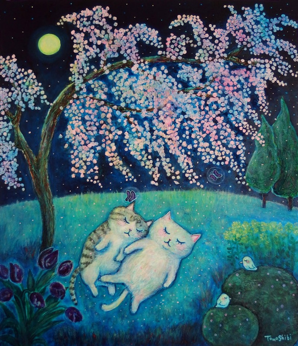 原画 「桜の下でおやすみにゃん」 F10号 ＃絵画 ＃ねこ ＃猫の絵