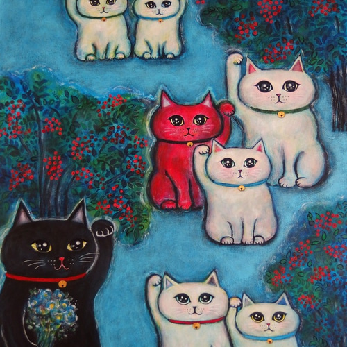 原画 「ナンテンと八匹の招き猫」 F8号 ＃黒い招き猫 ＃赤い