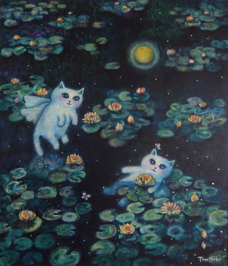 絵画。原画【二匹の猫が一緒にデートの道にきれいな星を探しに行きます】 絵画。原画【二匹の猫が一緒にデートの道にきれいな星を探しに