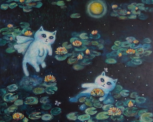 絵画。原画【かわいい白い猫が夜に梯子を登って光る星を集める】 絵画。原画【かわいい白い猫が夜に梯子を登って光る星を集める