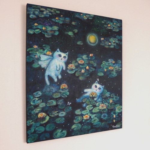 原画 「星降る黄色い睡蓮の池の天使猫」 F10号 ＃絵画 ＃ねこ ＃猫