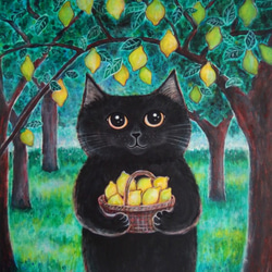 原画 「レモンバスケットを持った黒猫」 F10号 ＃絵画 ＃ねこ ＃猫の絵 ＃黒猫 ＃クロネコ ＃黒猫感謝の日 ＃レモン 1枚目の画像