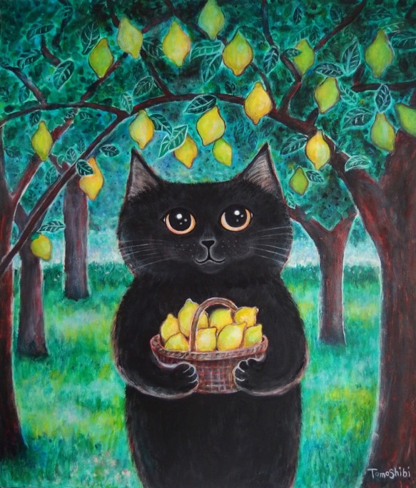 原画 「レモンバスケットを持った黒猫」 F10号 ＃絵画 ＃ねこ ＃猫の絵 ＃黒猫 ＃クロネコ ＃黒猫感謝の日 ＃レモン 1枚目の画像