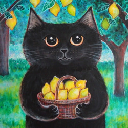 原画 「レモンバスケットを持った黒猫」 F10号 ＃絵画 ＃ねこ ＃猫の絵 ＃黒猫 ＃クロネコ ＃黒猫感謝の日 ＃レモン 3枚目の画像