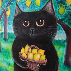原画 「レモンバスケットを持った黒猫」 F10号 ＃絵画 ＃ねこ ＃猫の絵 ＃黒猫 ＃クロネコ ＃黒猫感謝の日 ＃レモン 4枚目の画像