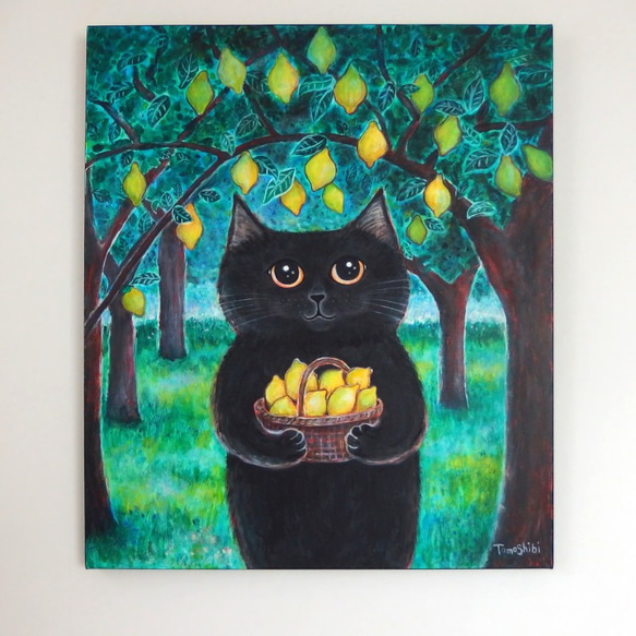 原画 「レモンバスケットを持った黒猫」 F10号 ＃絵画 ＃ねこ ＃猫の絵 ＃黒猫 ＃クロネコ ＃黒猫感謝の日 ＃レモン 5枚目の画像