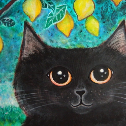 原画 「レモンバスケットを持った黒猫」 F10号 ＃絵画 ＃ねこ