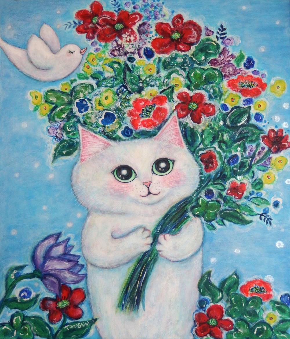 原画 「カラフルな花束を持った白猫」 F10号 ＃絵画 ＃ねこ ＃猫