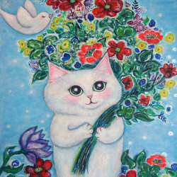 絵画。原画【神秘的な花の基地で、猫ちゃんたちは月を持って未来を楽しみにしている】 絵画。原画【神秘的な花の基地で、猫ちゃんたちは月を持って未来