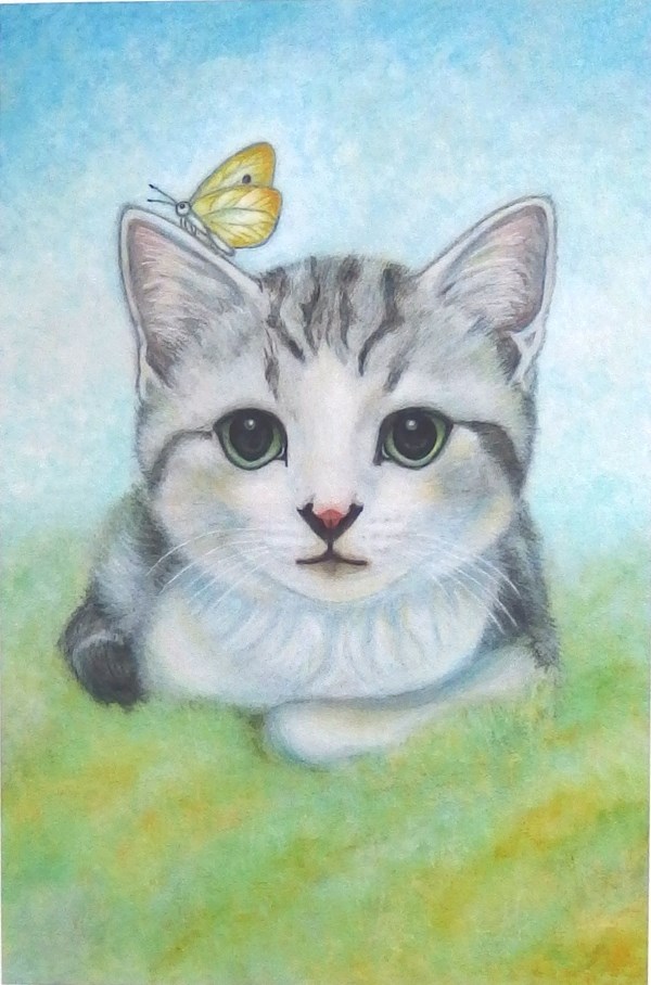 猫の絵 絵画 動物画 風景画 【子猫と蝶】アクリル画 F3 猫の絵 絵画 動物画 風景画 【子猫と蝶】アクリル画 F3