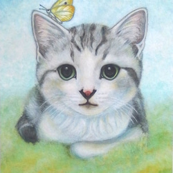 「子猫と蝶 - Baby Muu」（額付 / パールホワイト）M / ジクレー版画 ＃猫の絵＃絵画＃ねこ＃通販＃猫と蝶 1枚目の画像