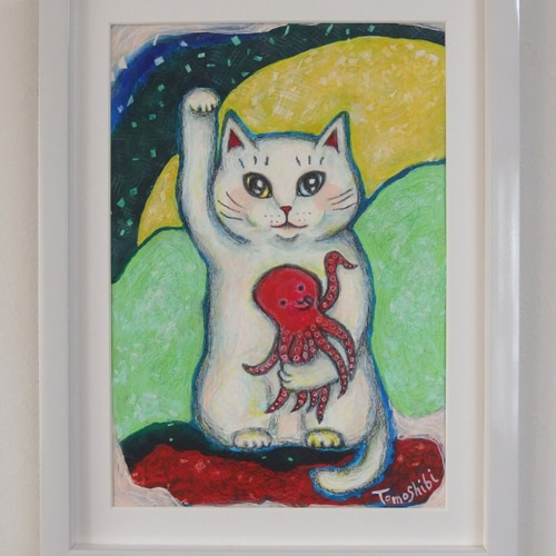 原画】『ガラクタ猫（改）』（パステル画 猫 招き猫） 原画