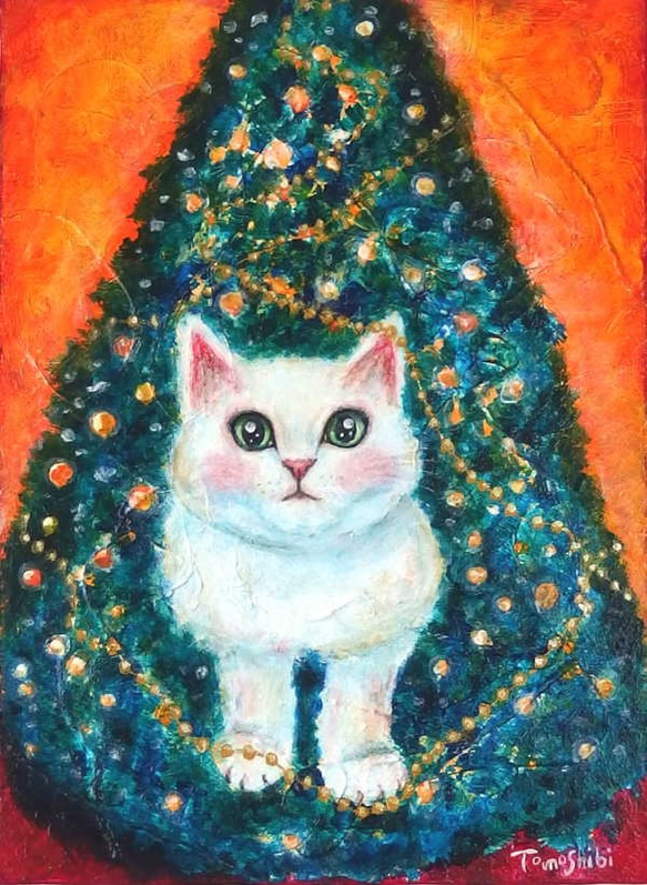 原画 「Happy Christmas - クリスマスツリーと白い猫 」F4号 ＃猫の絵＃ツリー＃Xmasギフト 1枚目の画像