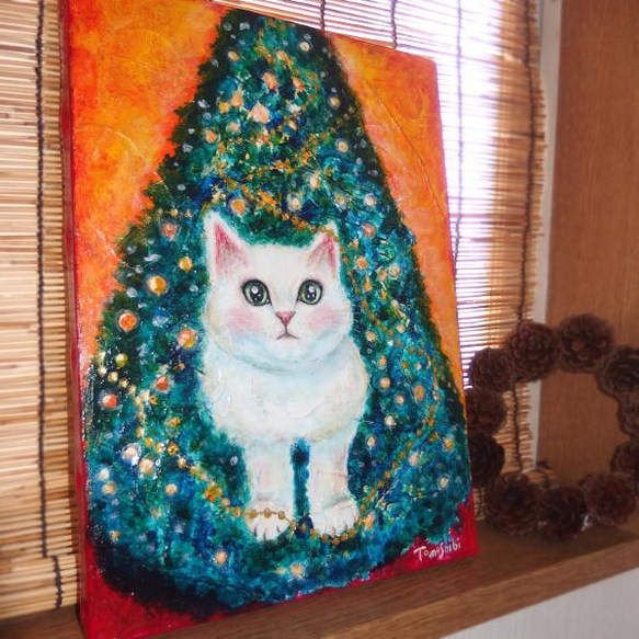 原画 「Happy Christmas - クリスマスツリーと白い猫 」F4号 ＃猫の絵＃ツリー＃Xmasギフト 2枚目の画像