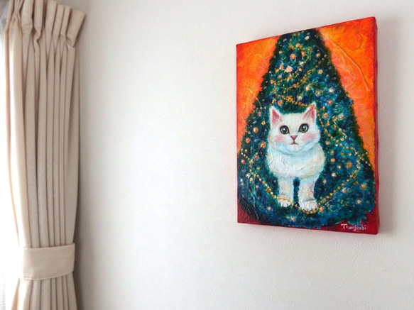 原画 「Happy Christmas - クリスマスツリーと白い猫 」F4号 ＃猫の絵＃ツリー＃Xmasギフト 4枚目の画像