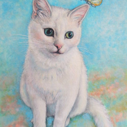 猫のメルヘン似顔絵【モデル掲載OKの方限定】【キャンセルOK】猫肖像画 （額付 / ホワイト）A4 スタンド付き 7枚目の画像
