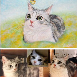 猫のメルヘン似顔絵【モデル掲載OKの方限定】【キャンセルOK】猫肖像画 （額付 / ホワイト）A4 スタンド付き 4枚目の画像