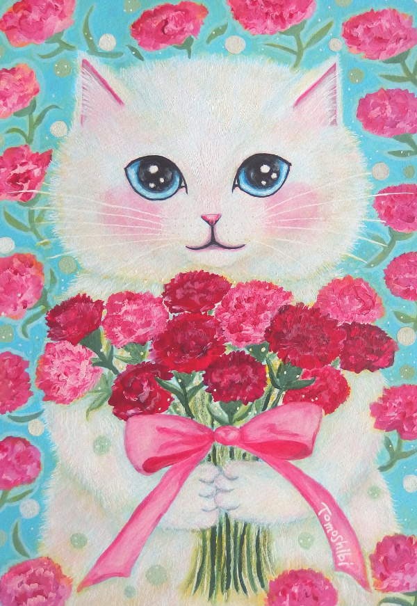 絵画。原画【花の中に星を見たかわいい白い猫】の通販 by アカザ