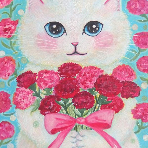原画 「カーネーションの花束を持った白い猫 2」（額付 / 木目ホワイト 