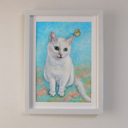 猫のメルヘン似顔絵【モデルさん掲載NGの方】【キャンセルOK】猫肖像画 （額付 / ホワイト）A4 スタンド付き 4枚目の画像