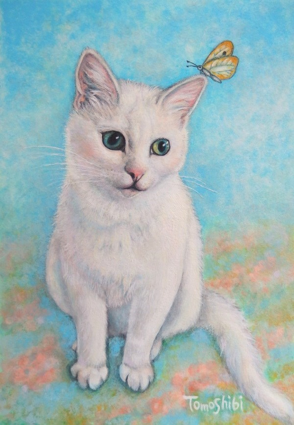 猫のメルヘン似顔絵【モデルさん掲載NGの方】【キャンセルOK】猫肖像画 （額付 / ホワイト）A4 スタンド付き 6枚目の画像