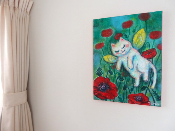 原画 「a fairy kitten and red flowers」 F6号 6枚目の画像
