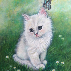 原画 「子猫と蝶 - 幸せな草原」 F6キャンバス（額付 / ゴールド系） / ペルシャ猫 チンチラ 猫 蝶 絵画 1枚目の画像