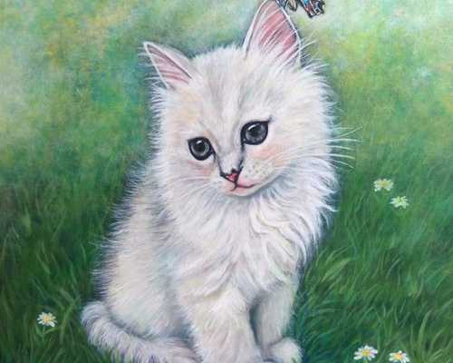ペルシャ絵画絨毯 [絨毯]65×45cm [額込]88×68cm 手織り 猫 (PPC