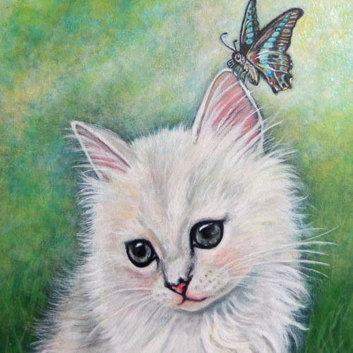 原画 「子猫と蝶 - 幸せな草原」 F6キャンバス（額付 / ゴールド