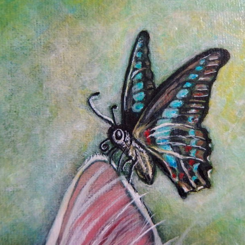 原画 「子猫と蝶 - 幸せな草原」 F6キャンバス（額付 / ゴールド