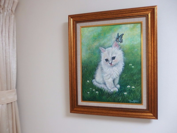 原画 「子猫と蝶 - 幸せな草原」 F6キャンバス（額付 / ゴールド系） / ペルシャ猫 チンチラ 猫 蝶 絵画 7枚目の画像