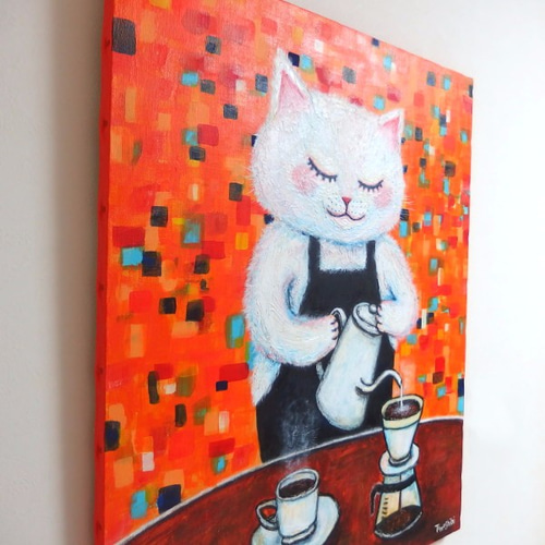 原画 「優しい猫のバリスタ」 F20号 ＃大きい絵＃猫の絵＃コーヒーの絵