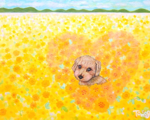 原画 「ハート花畑のモモ」 （額付 / ホワイト）A4 スタンド付き