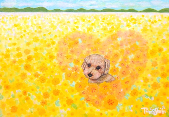 原画 「ハート花畑のモモ」 （額付 / ホワイト）A4 スタンド付き