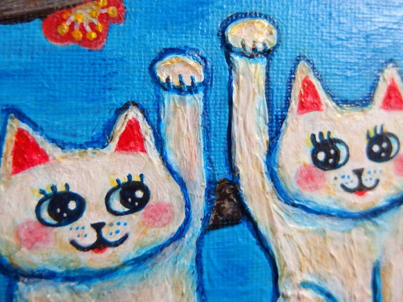原画 「招き猫の親子と白富士」 F6号 ＃招き猫の絵＃白富士(富士山)の絵＃梅の絵＃絵画＃art＃通販＃縁起物アート 4枚目の画像