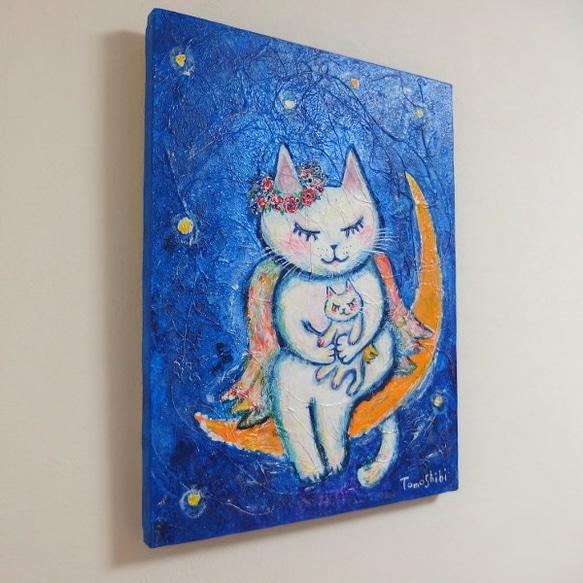 原画 「Sweet Dreams」 F6号 ＃猫の絵＃天使猫の絵＃夜空の絵＃星と三日月＃絵画＃art＃通販＃アート 2枚目の画像