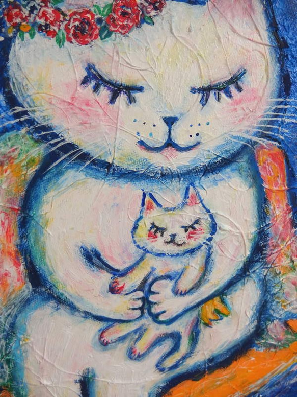 原画 「Sweet Dreams」 F6号 ＃猫の絵＃天使猫の絵＃夜空の絵＃星と三日月＃絵画＃art＃通販＃アート 3枚目の画像