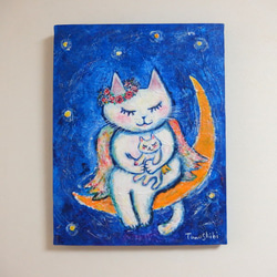 原画 「Sweet Dreams」 F6号 ＃猫の絵＃天使猫の絵＃夜空の絵＃星と三日月＃絵画＃art＃通販＃アート 4枚目の画像