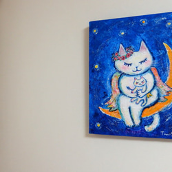 原画 「Sweet Dreams」 F6号 ＃猫の絵＃天使猫の絵＃夜空の絵＃星と三日月＃絵画＃art＃通販＃アート 7枚目の画像