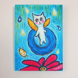 原画 「a fairy kitten in the rain」F4号 ＃猫の絵＃猫妖精の絵＃絵画＃通販＃アート＃雨の絵 1枚目の画像