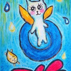 原画 「a fairy kitten in the rain」F4号 ＃猫の絵＃猫妖精の絵＃絵画＃通販＃アート＃雨の絵 4枚目の画像