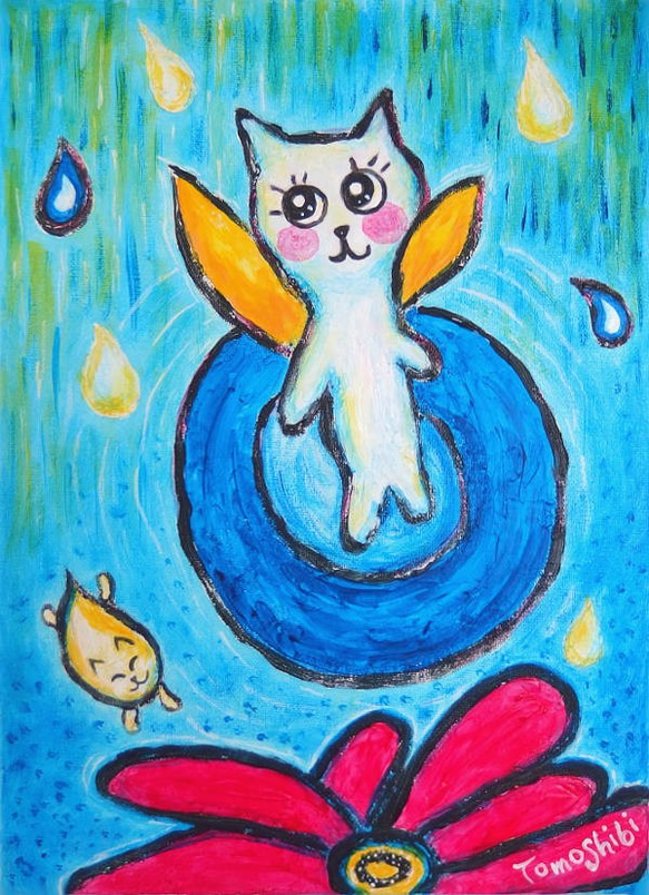 原画 「a fairy kitten in the rain」F4号 ＃猫の絵＃猫妖精の絵＃絵画＃通販＃アート＃雨の絵 4枚目の画像