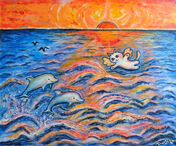 原画 「天使猫とイルカ兄弟」 F8号 ＃絵画 ＃アート ＃通販