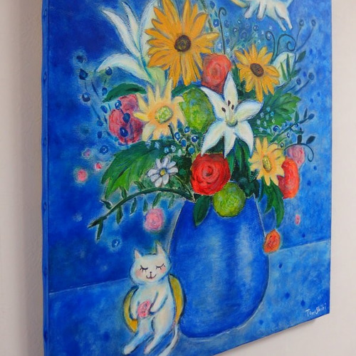 原画 「妖精猫とカラフルなブーケ」 F10号 ＃絵画 ＃通販 ＃猫の