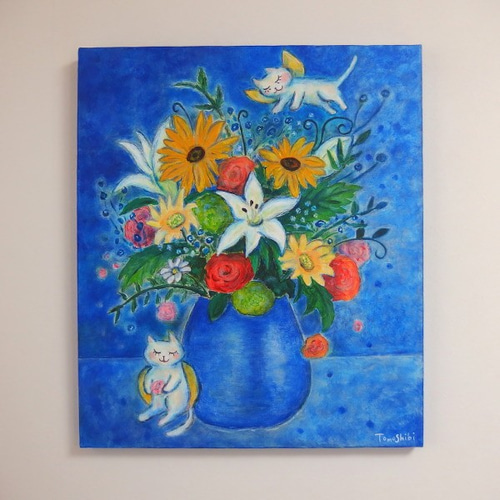 油絵　妖精04 原画 「妖精猫とカラフルなブーケ」 F10号 ＃絵画 ＃通販 ＃猫の