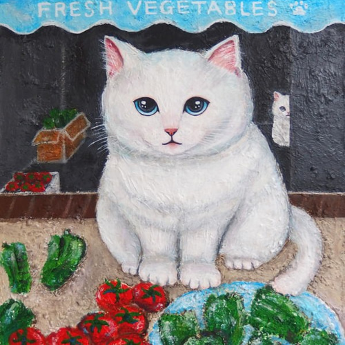 原画 「猫の八百屋さん」 F6号 ＃猫の絵＃白い猫＃絵画＃art＃通販