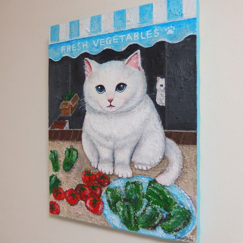原画 「猫の八百屋さん」 F6号 ＃猫の絵＃白い猫＃絵画＃art